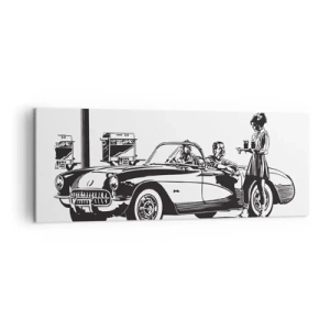 Impression sur toile - Image sur toile - Une scène rétro en noir et blanc avec une voiture et une serveuse en patins à roulettes. - 140x50cm - 60's - Amérique insouciante - Décoration murale moderne pour le salon et la chambre ARTTOR