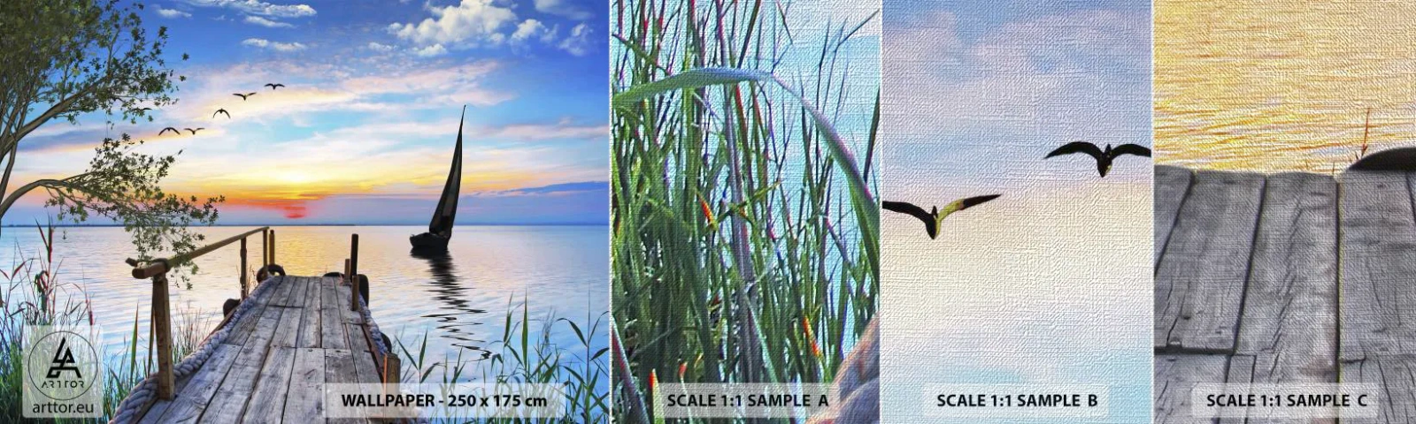 Échantillon de Papier Peint Premium Canvas - Bonsoir! - Paysage, Lac, Pont de bois - 100x30 cm