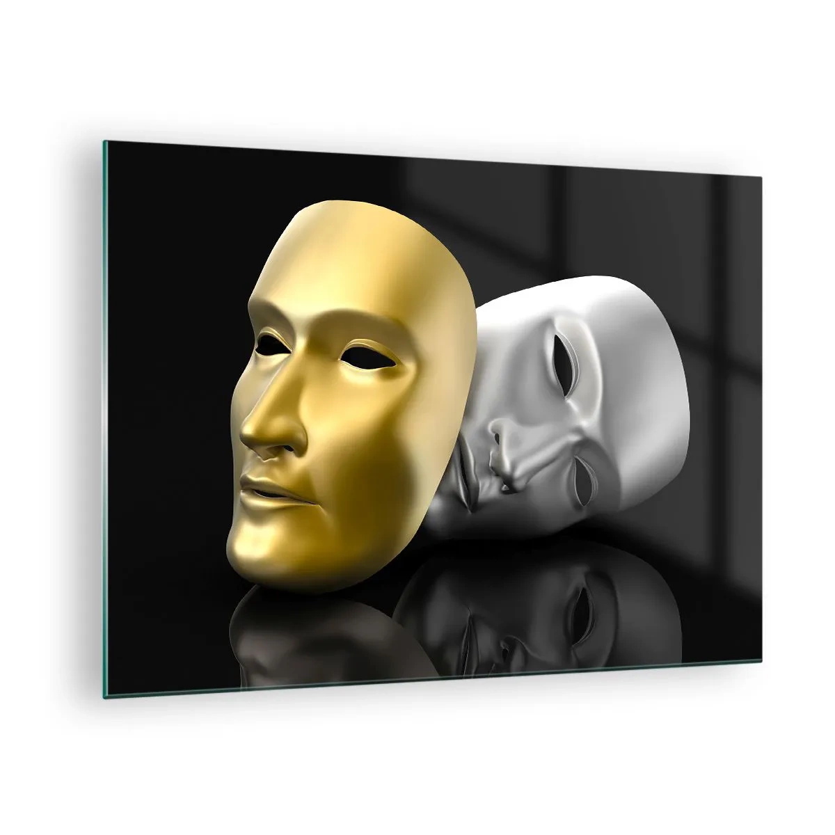 Impression sur verre - Image sur verre - Masque d'or et d'argent sur fond noir - 70x50cm - La vie est un théâtre - Décoration murale moderne pour le salon et la chambre ARTTOR