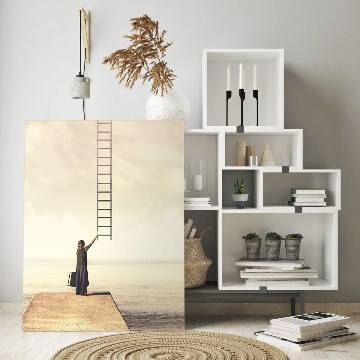 Impression sur verre - Image sur verre - Une femme debout sur une jetée avec une échelle menant au ciel - 80x120cm - Voyage magique - Décoration murale moderne pour le salon et la chambre ARTTOR