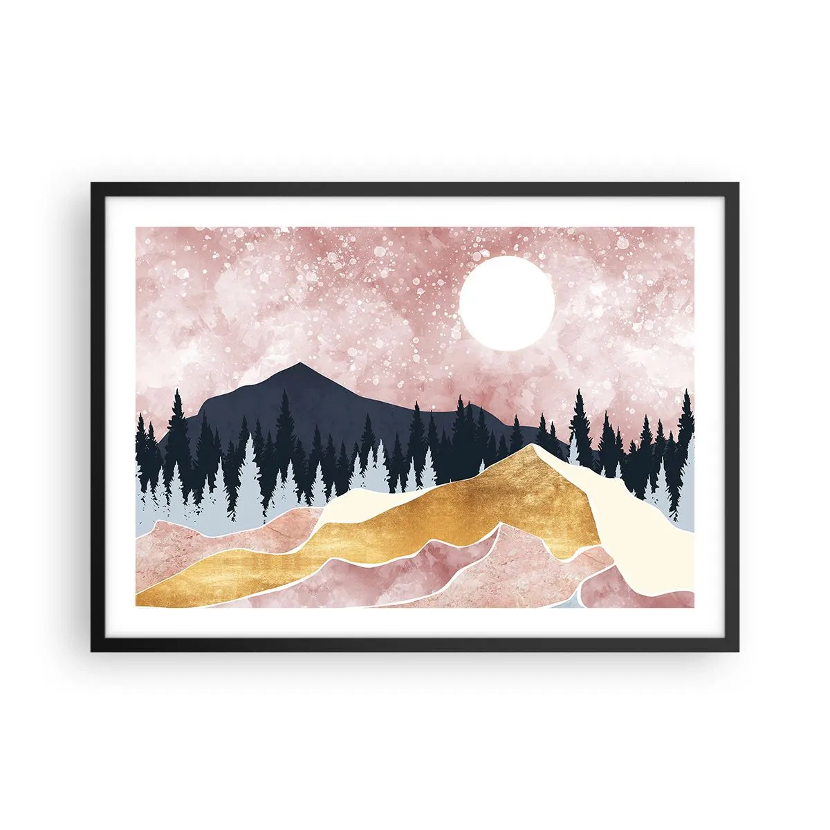Affiche dans un cadre noir - Poster - Montagnes colorées contre un ciel rose avec une lune - 70x50cm - Gardien de la nuit - Décoration murale moderne pour le salon et la chambre ARTTOR