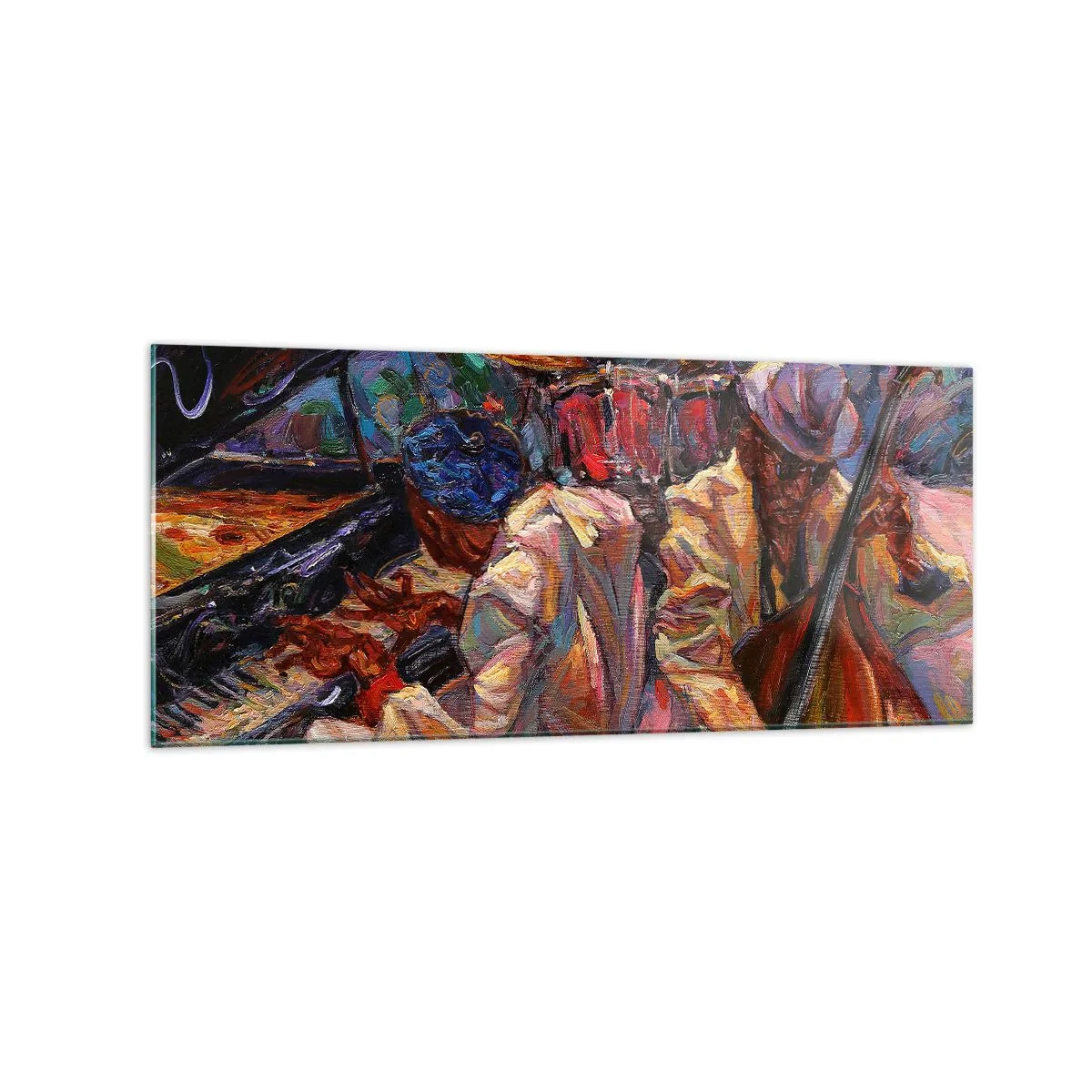 Impression sur verre - Image sur verre - Scène de jazz énergique avec musiciens et instruments - 120x50cm - Dans le même tempo - Décoration murale moderne pour le salon et la chambre ARTTOR