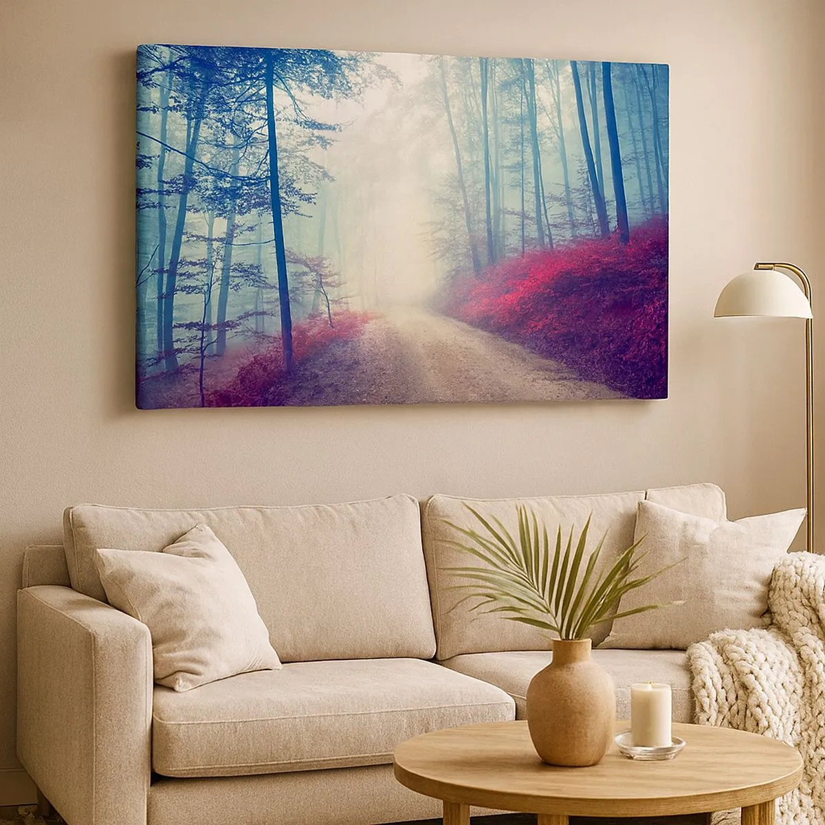 Impression sur toile - Image sur toile - Un sentier forestier magique entouré d'arbres et de brouillard - 70x50cm - Comme c'est bon de se lever à l'aube - Décoration murale moderne pour le salon et la chambre ARTTOR