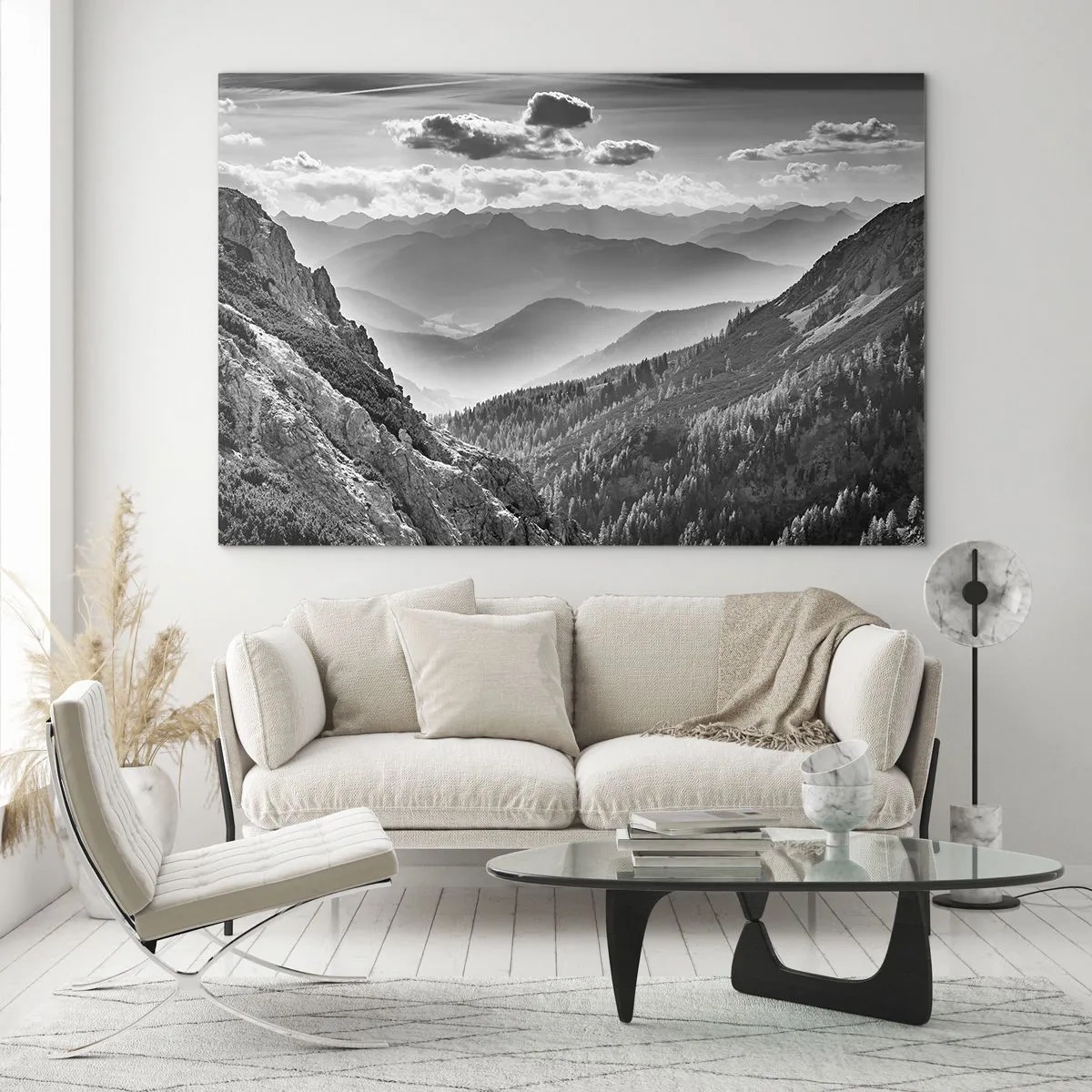 Impression sur verre - Image sur verre - Panorama de montagne en noir et blanc avec vue sur la vallée - 100x70cm - Jusqu'à l'horizon - Décoration murale moderne pour le salon et la chambre ARTTOR