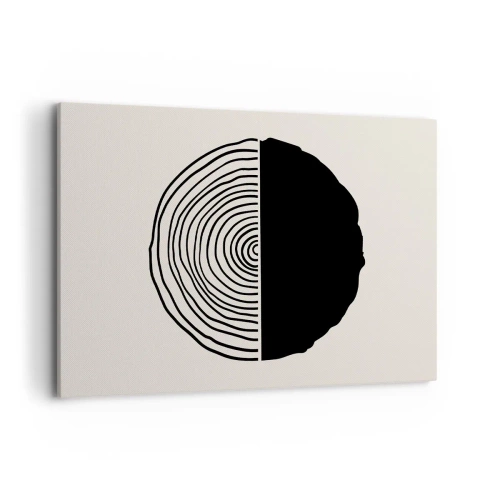 Impression sur toile - Image sur toile - Un motif abstrait en noir et blanc inspiré d'une coupe transversale de bois avec une division géométrique. - 100x70cm - Moitié-moitié - Décoration murale moderne pour le salon et la chambre ARTTOR