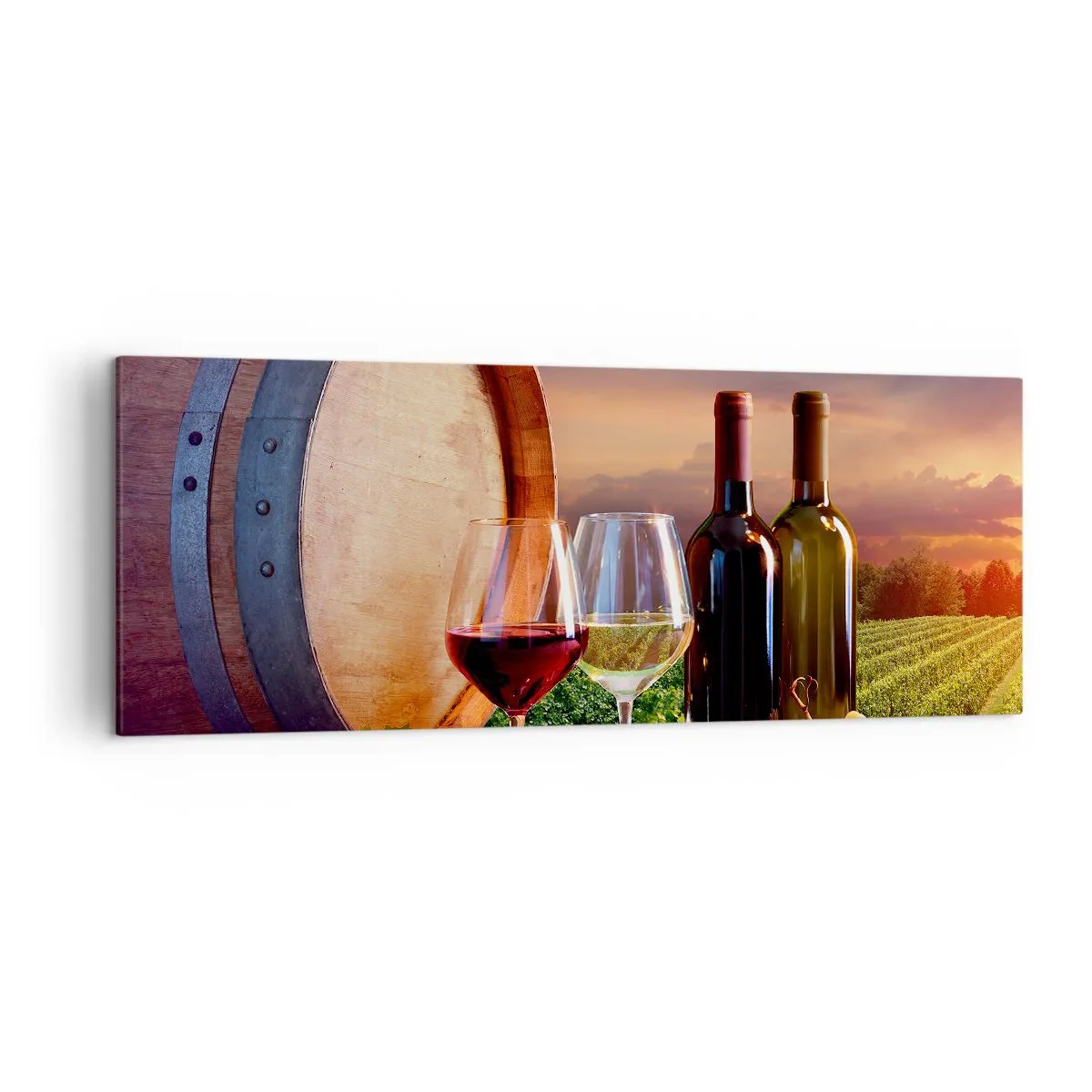 Impression sur toile - Image sur toile - Du vin, des verres et un tonneau dans un paysage pittoresque - 140x50cm - Ici la vie a du goût - Décoration murale moderne pour le salon et la chambre ARTTOR