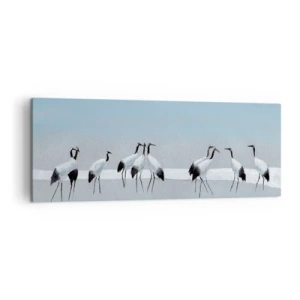 Impression sur toile - Image sur toile - Un groupe de grues contre un ciel bleu et le soleil levant - 140x50cm - Après une chaude journée - Décoration murale moderne pour le salon et la chambre ARTTOR