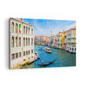 Impression sur toile - Image sur toile - Un canal vénitien avec une gondole et des bâtiments colorés - 120x80cm - Trafic de rue unique au monde - Décoration murale moderne pour le salon et la chambre ARTTOR