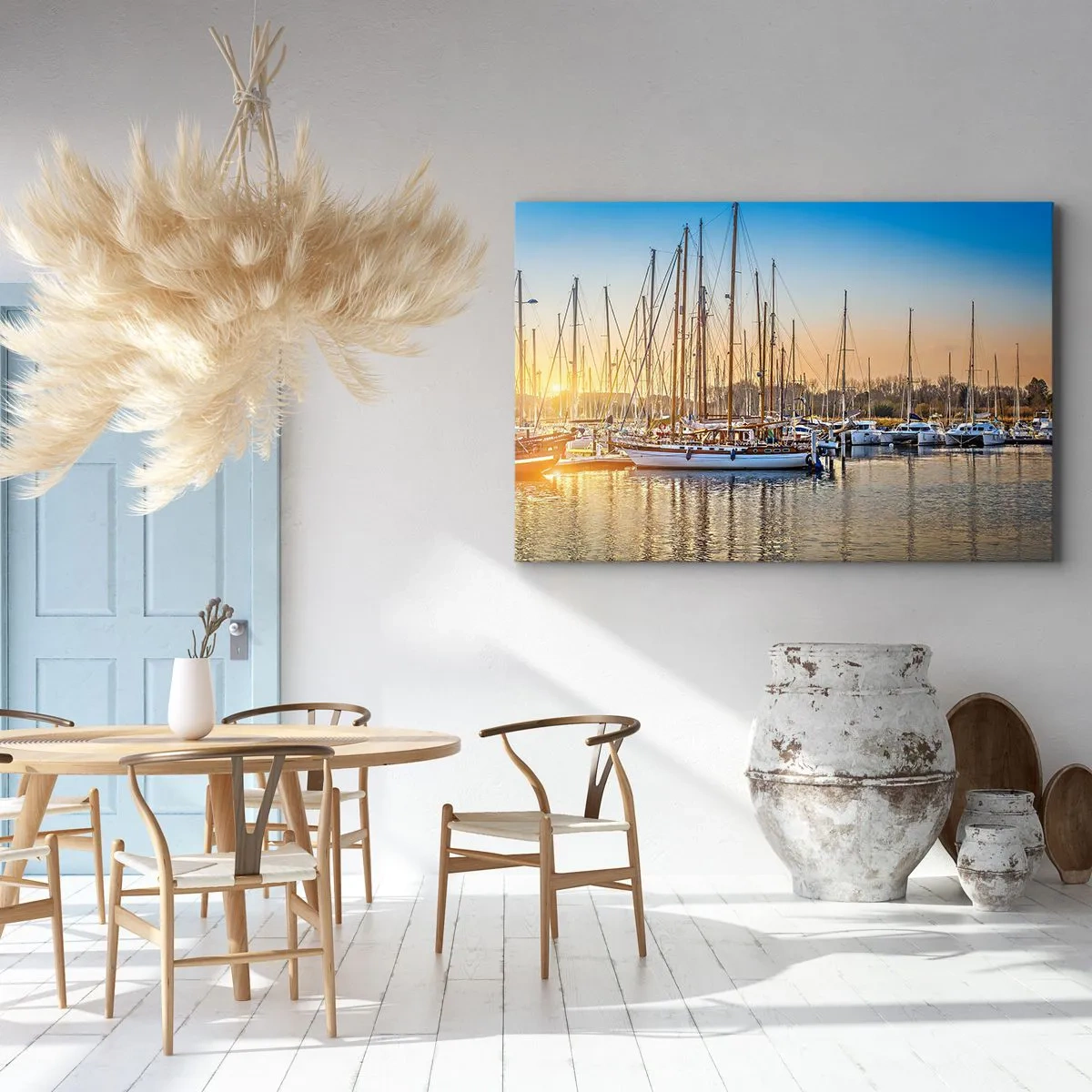 Impression sur toile - Image sur toile - Coucher de soleil sur une marina pleine de voiliers - 100x70cm - Le vent aussi doit dormir - Décoration murale moderne pour le salon et la chambre ARTTOR