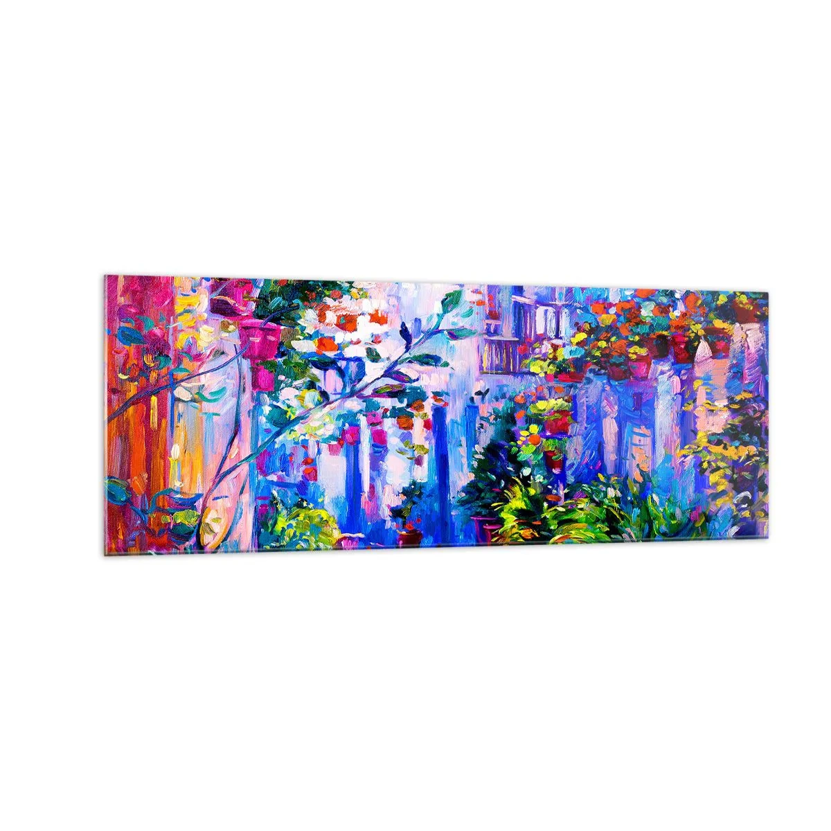 Impression sur verre - Image sur verre - Une rue colorée pleine de fleurs - 140x50cm - Impression - une rue italienne - Décoration murale moderne pour le salon et la chambre ARTTOR