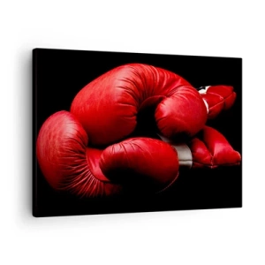 Impression sur toile - Image sur toile - Gants de boxe rouges sur fond noir - 70x50cm - Les émotions du combat sont derrière nous - Décoration murale moderne pour le salon et la chambre ARTTOR