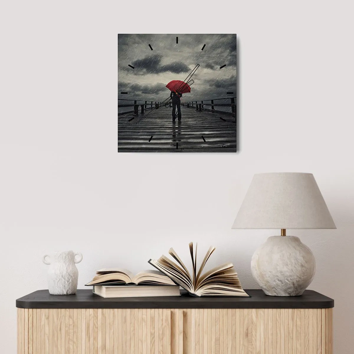 Horloge murale - Pendule murale - Une personne avec un parapluie rouge sur une jetée pluvieuse - 30x30cm - Peu importe qu'il pleuve - Décoration murale moderne pour le salon et la chambre ARTTOR