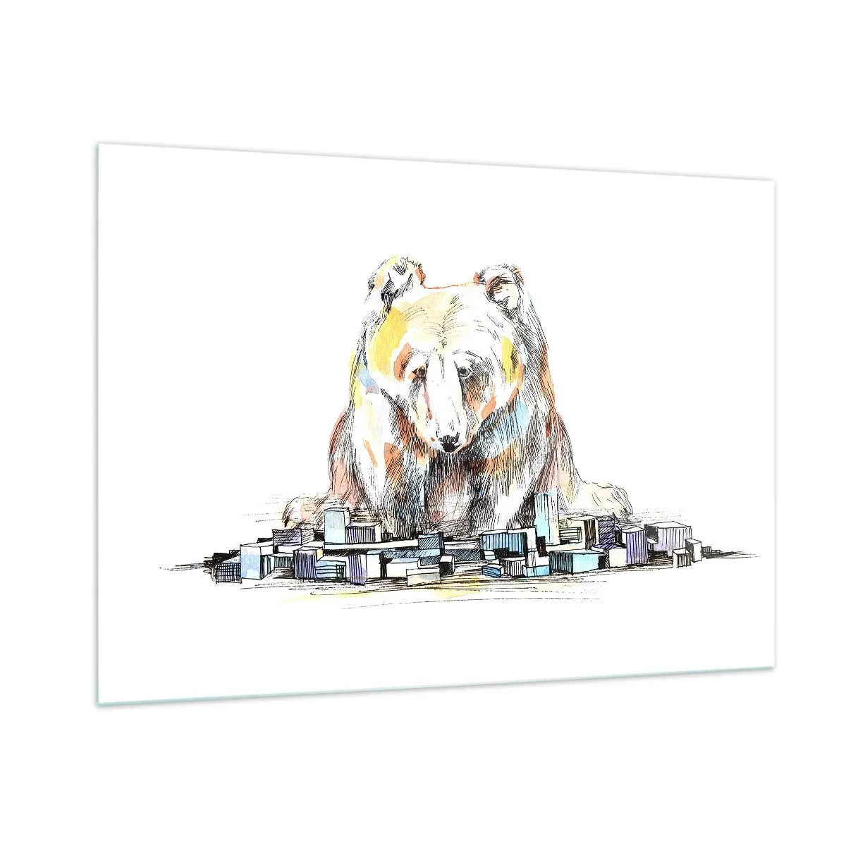Impression sur verre - Image sur verre - Un ours regardant la ville dans une composition artistique - 100x70cm - Comment peut-on vivre ainsi ? - Décoration murale moderne pour le salon et la chambre ARTTOR