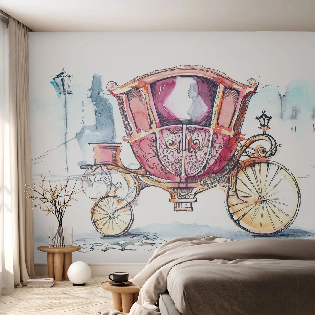 Papier Peint Photo Premium Sand - Illustration à l'aquarelle d'une calèche rétro - 100x70cm - À un mariage ou à un bal ? - Décoration murale moderne pour le salon et la chambre ARTTOR