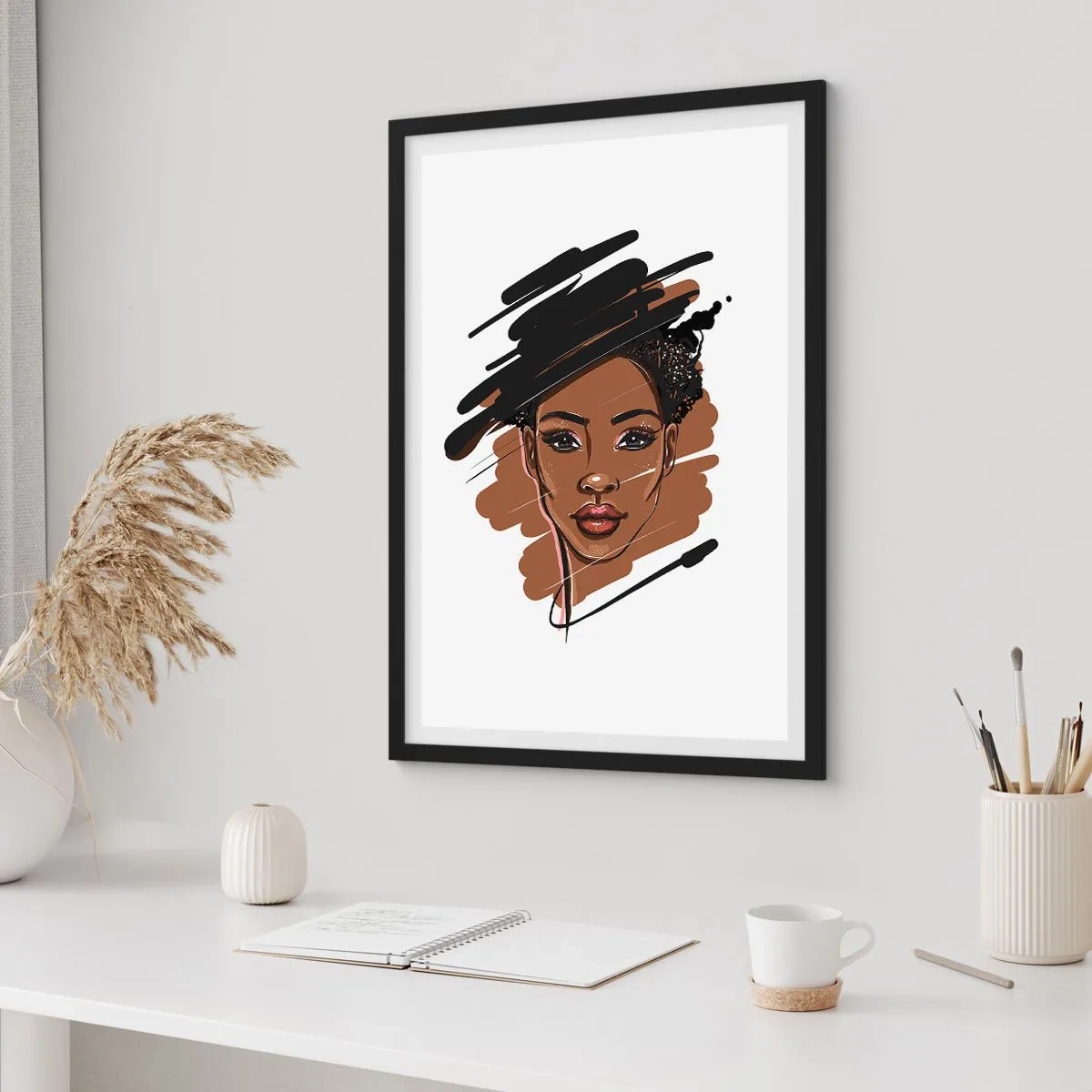 Affiche dans un cadre noir - Poster - Portrait stylisé d'une femme dans les tons marron et noir - 50x70cm - Doux comme le chocolat - Décoration murale moderne pour le salon et la chambre ARTTOR