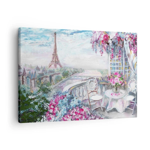 Impression sur toile - Image sur toile - Une vue romantique de Paris avec la Tour Eiffel et un balcon rempli de fleurs - 70x50cm - C'est le plus beau ici en mai - Décoration murale moderne pour le salon et la chambre ARTTOR