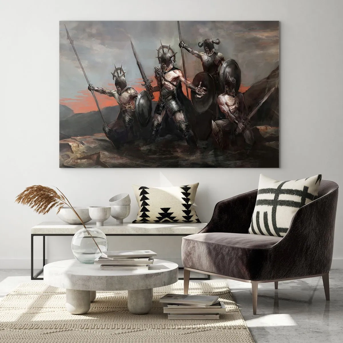 Impression sur verre - Image sur verre - Guerriers avec des lances et des boucliers contre le ciel rouge - 70x50cm - Avec ou sur un bouclier - Décoration murale moderne pour le salon et la chambre ARTTOR