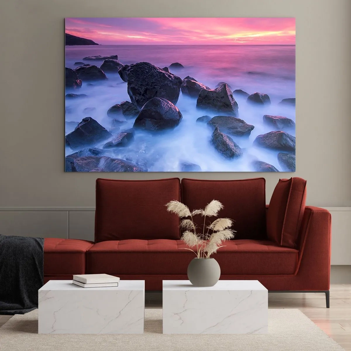 Impression sur verre - Image sur verre - Vagues s'écrasant sur les rochers au coucher du soleil - 100x70cm - Naissance dans la lumière et le brouillard - Décoration murale moderne pour le salon et la chambre ARTTOR