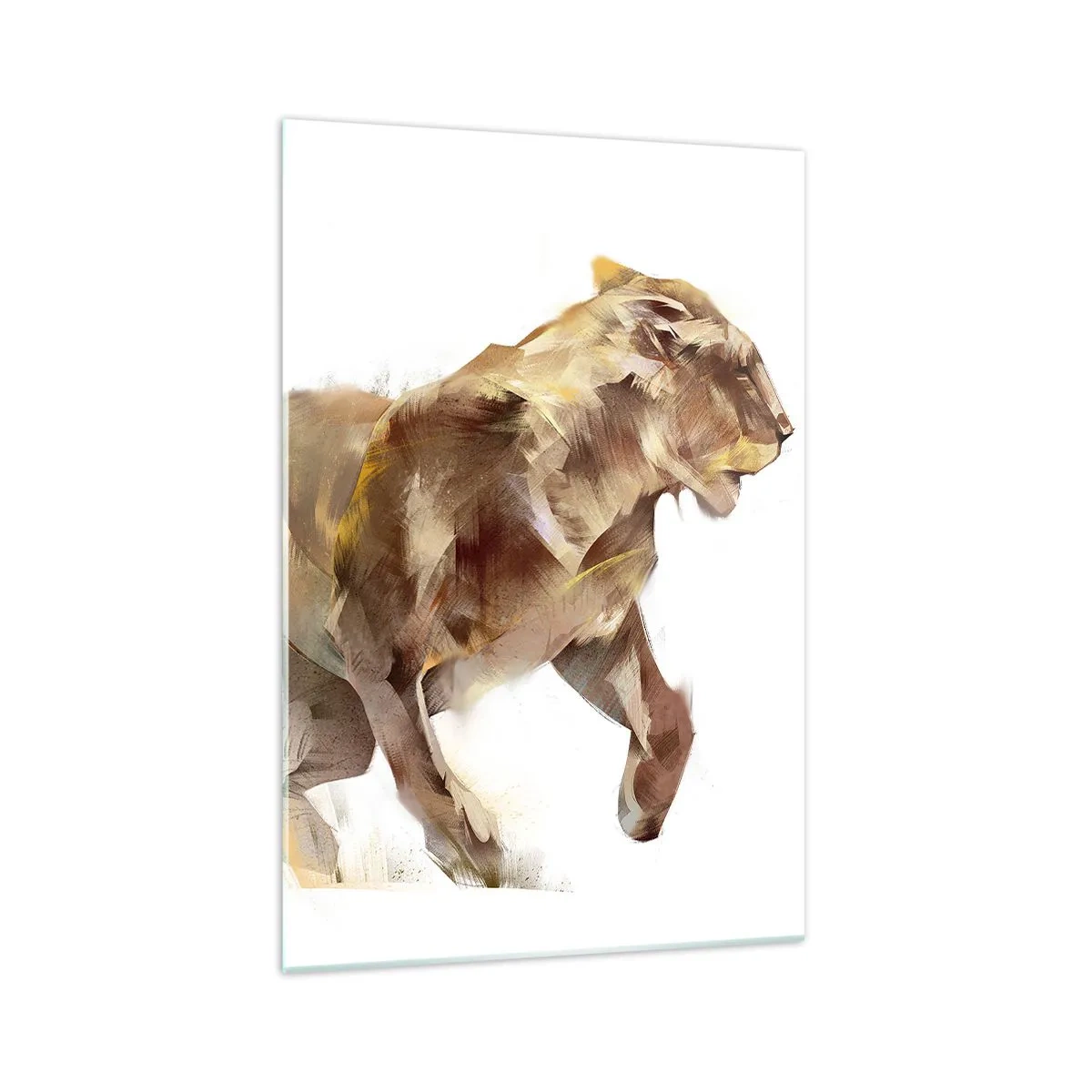 Impression sur verre - Image sur verre - Une lionne qui court dans une interprétation artistique - 70x100cm - Grâce sauvage - Décoration murale moderne pour le salon et la chambre ARTTOR