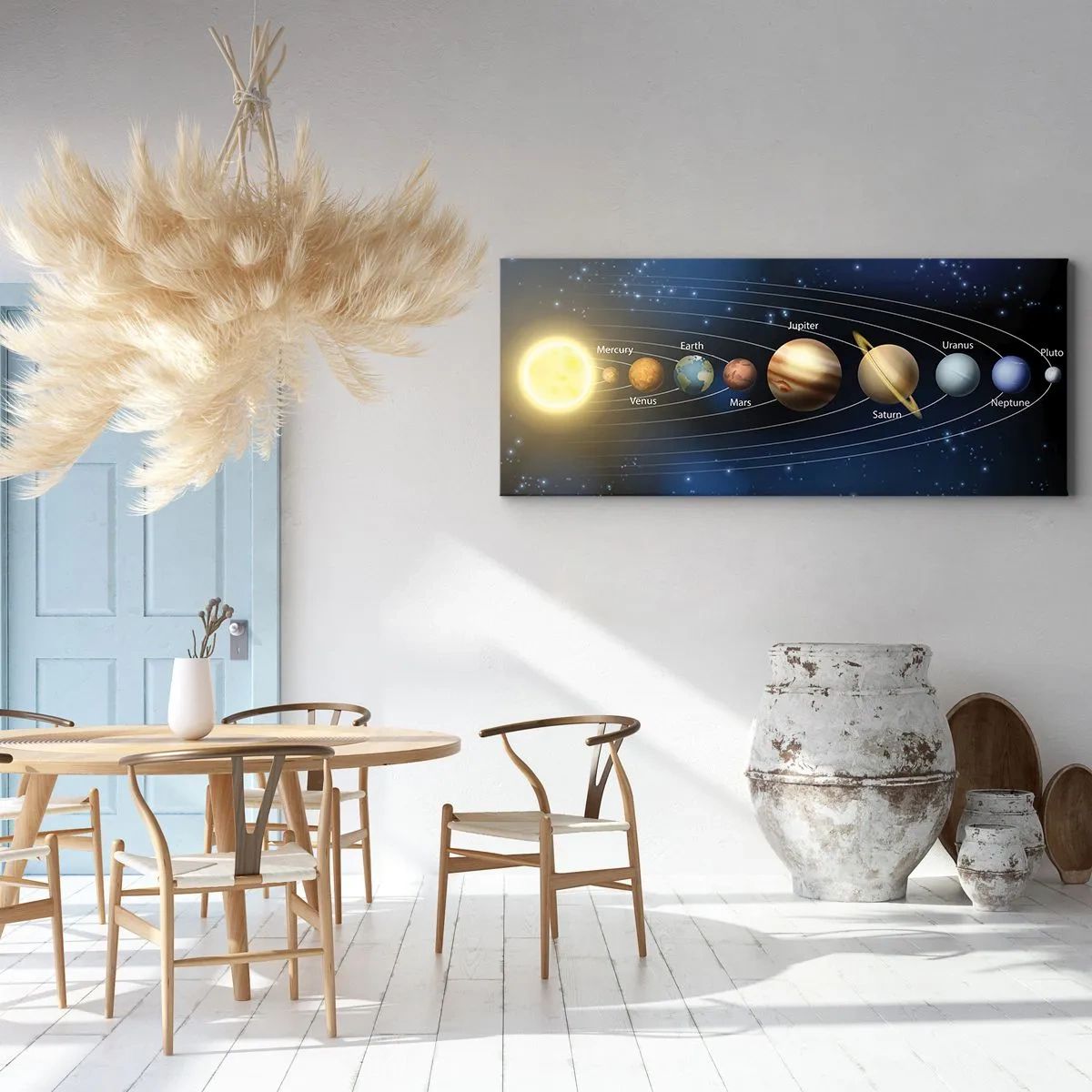 Impression sur toile - Image sur toile - Schéma du système solaire avec les planètes et le soleil - 120x50cm - L'une des dix - Décoration murale moderne pour le salon et la chambre ARTTOR