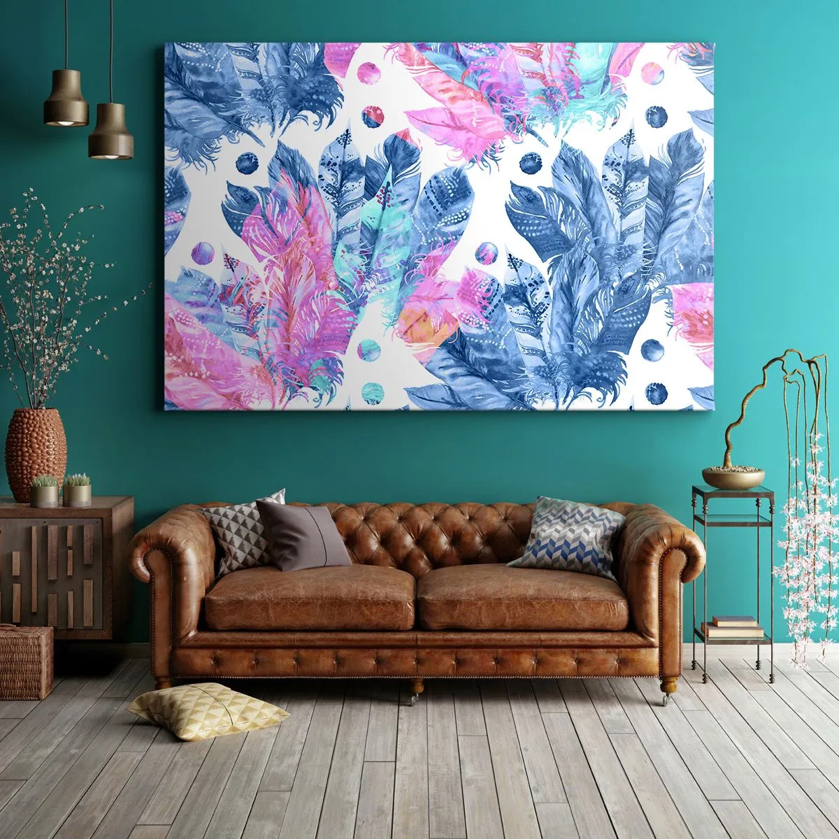Impression sur toile - Image sur toile - Motif abstrait avec des plumes colorées dans des tons pastel - 120x80cm - Plumes en rose et bleu - Décoration murale moderne pour le salon et la chambre ARTTOR
