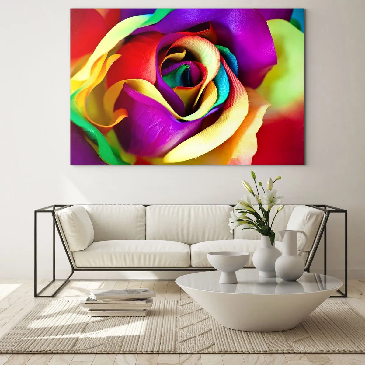 Impression sur verre - Image sur verre - Une rose colorée aux couleurs de l'arc-en-ciel - 70x50cm - Ce n'est pas possible - Décoration murale moderne pour le salon et la chambre ARTTOR