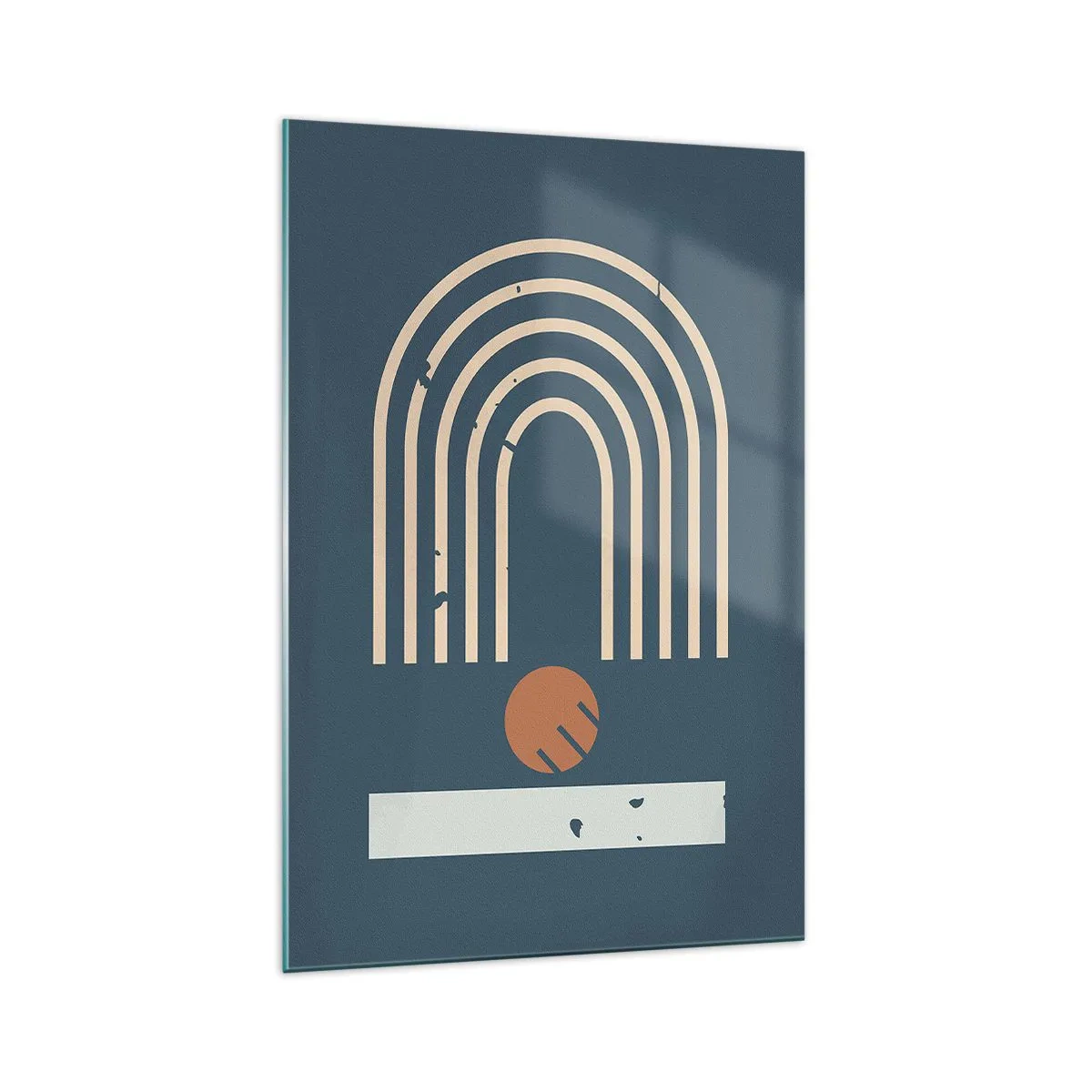 Impression sur verre - Image sur verre - Motif géométrique dans les tons bleu marine, beige et orange sur fond sombre - 70x100cm - Géométrie sur la grenade - Décoration murale moderne pour le salon et la chambre ARTTOR