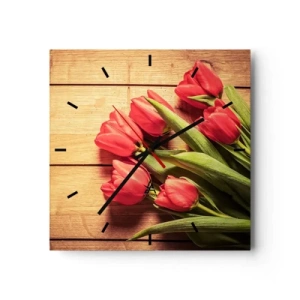 Horloge murale - Pendule murale - Un bouquet de tulipes roses sur un fond en bois - 30x30cm - Défi du printemps - Décoration murale moderne pour le salon et la chambre ARTTOR