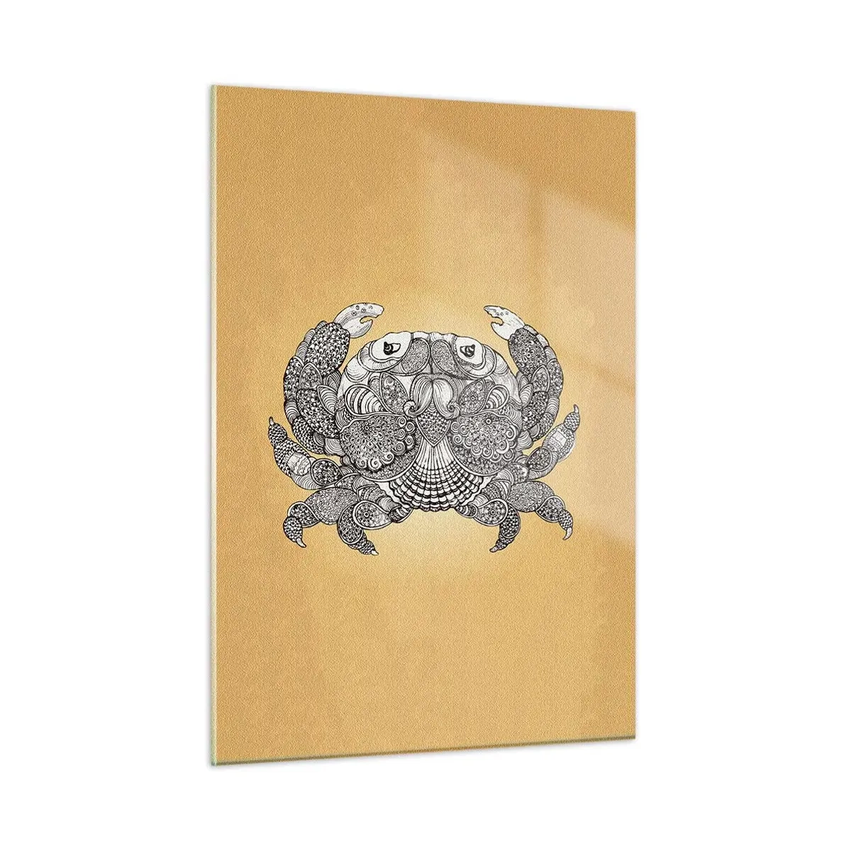 Impression sur verre - Image sur verre - Dessin stylisé d'un crabe avec des ornements sur fond jaune - 50x70cm - Les contes de M. Crabe - Décoration murale moderne pour le salon et la chambre ARTTOR