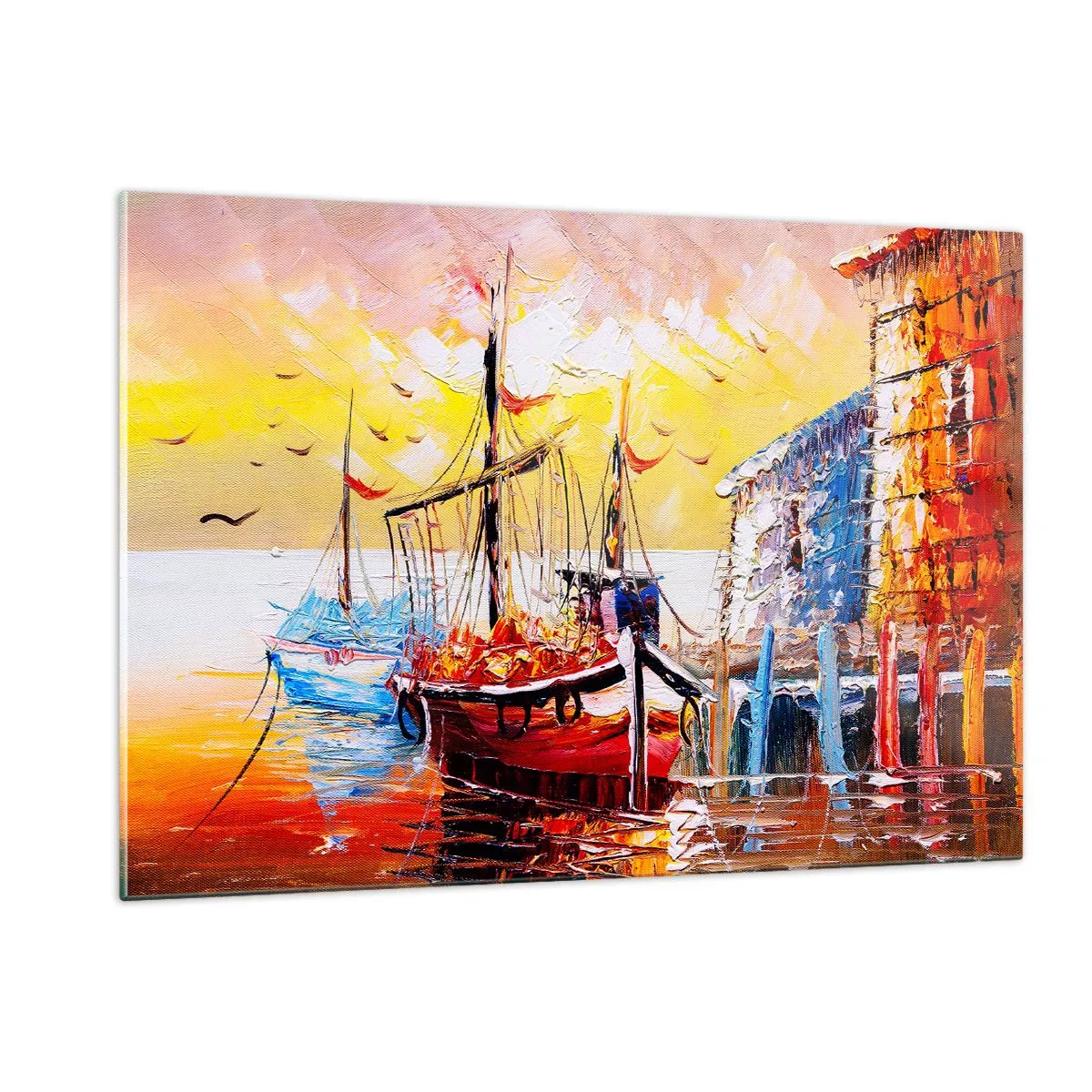 Impression sur verre - Image sur verre - Voiliers colorés au coucher du soleil - 120x80cm - Bon retour - Décoration murale moderne pour le salon et la chambre ARTTOR