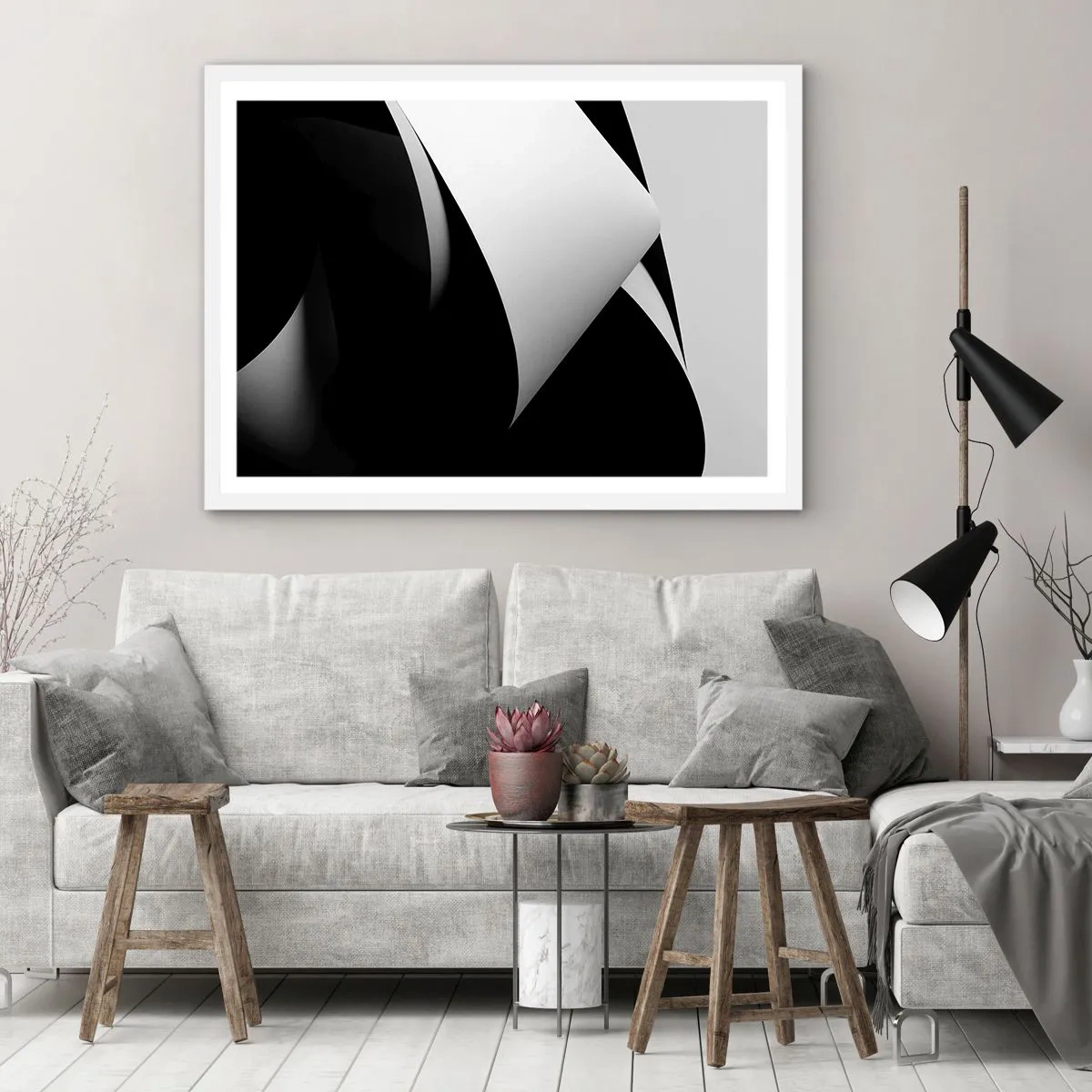 Affiche dans un cadre blanc - Poster - Plans de lumière venus des profondeurs de l'ombre - 91x61 cm
