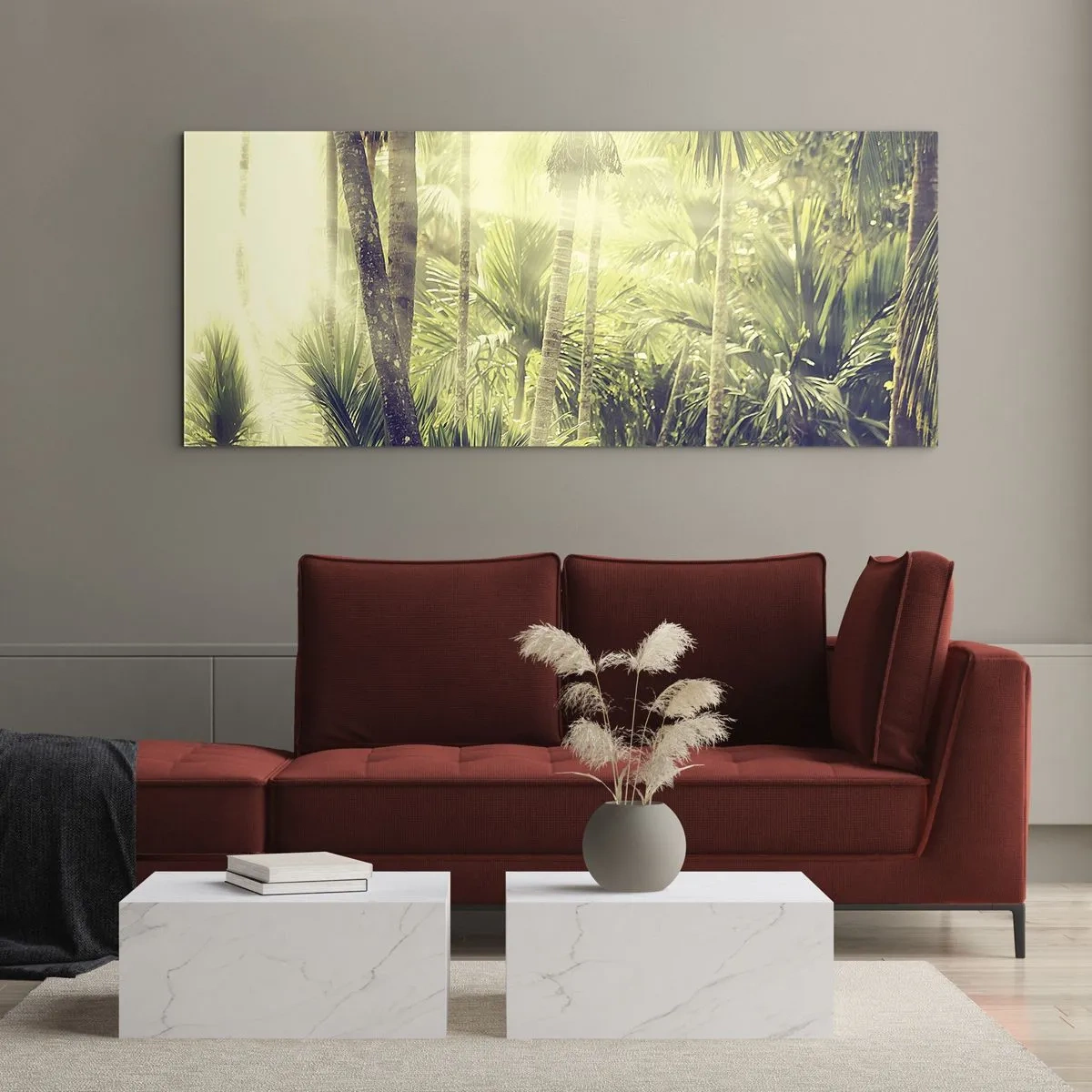 Impression sur verre - Image sur verre - Rayons de soleil dans une forêt tropicale de palmiers - 140x50cm - Nature enflammée - Décoration murale moderne pour le salon et la chambre ARTTOR