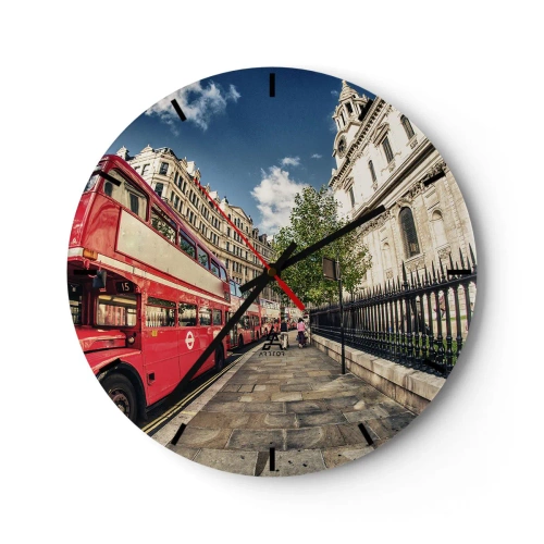 Horloge murale - Pendule murale - Un bus rouge à impériale dans une rue de la ville par une journée ensoleillée - 30x30cm - Rue de Londres en gris et rouge - Décoration murale moderne pour le salon, la cuisine et la chambre ARTTOR