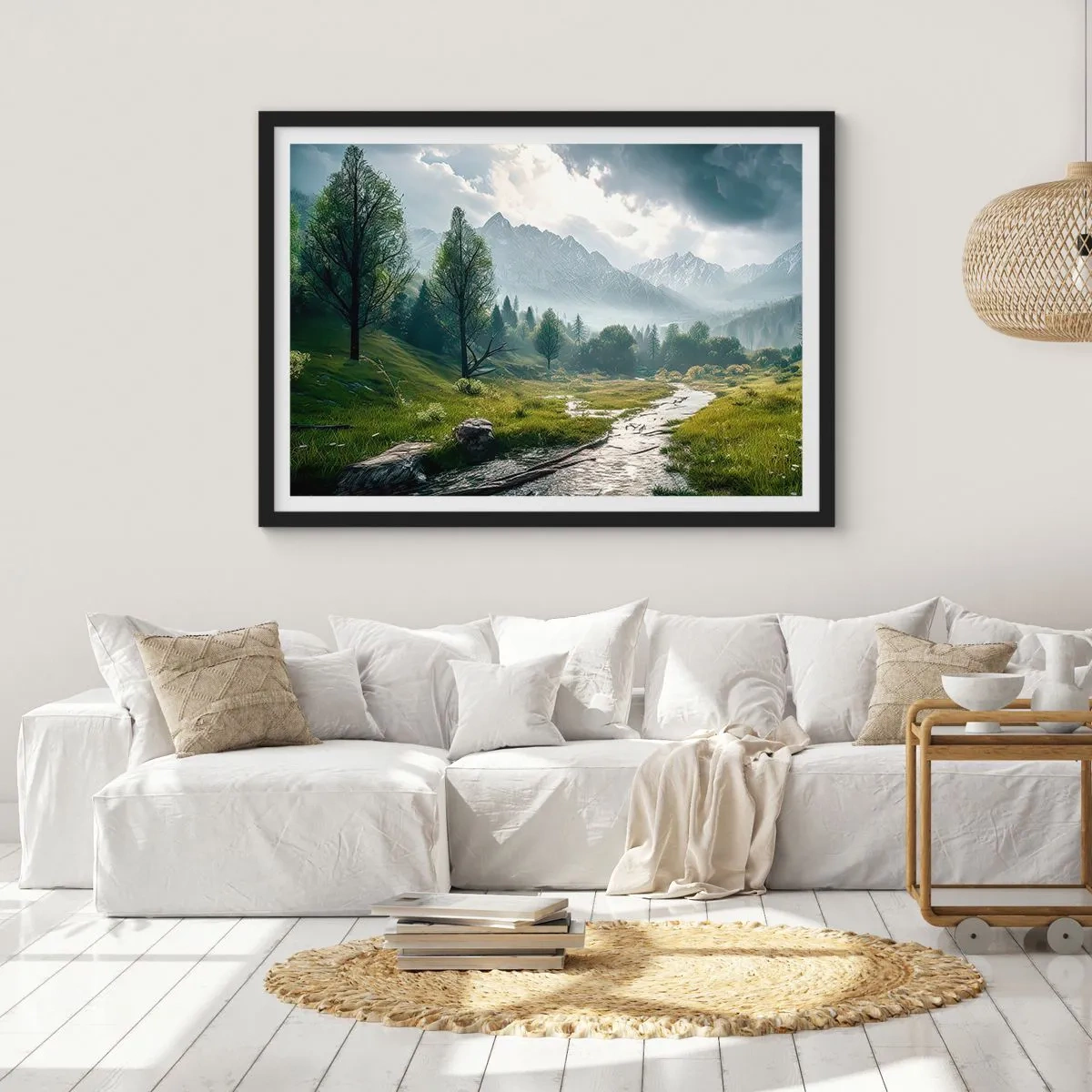 Affiche dans un cadre noir - Poster - Un paysage de montagne avec une rivière et des arbres entourés de montagnes brumeuses - 100x70cm - Aller et retour - Décoration murale moderne pour le salon et la chambre ARTTOR