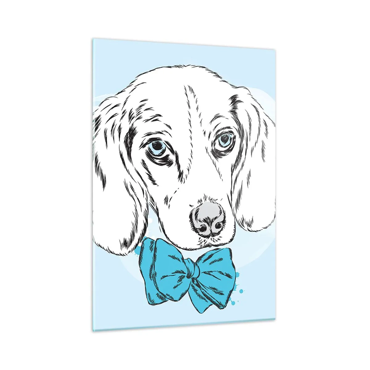 Impression sur verre - Image sur verre - Dessin d'un chien avec un nœud papillon sur fond bleu - 50x70cm - L'élégance du chien - Décoration murale moderne pour le salon et la chambre ARTTOR