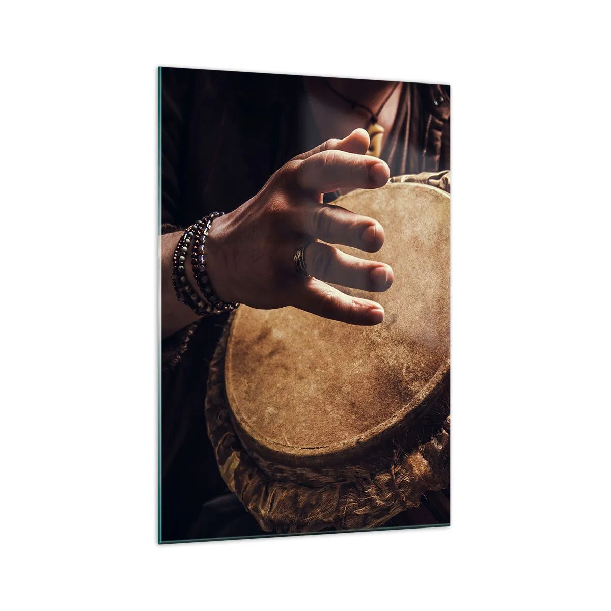Impression sur verre - Image sur verre - Mains jouant sur un djembé traditionnel - 70x100cm - Au rythme du coeur - Décoration murale moderne pour le salon et la chambre ARTTOR