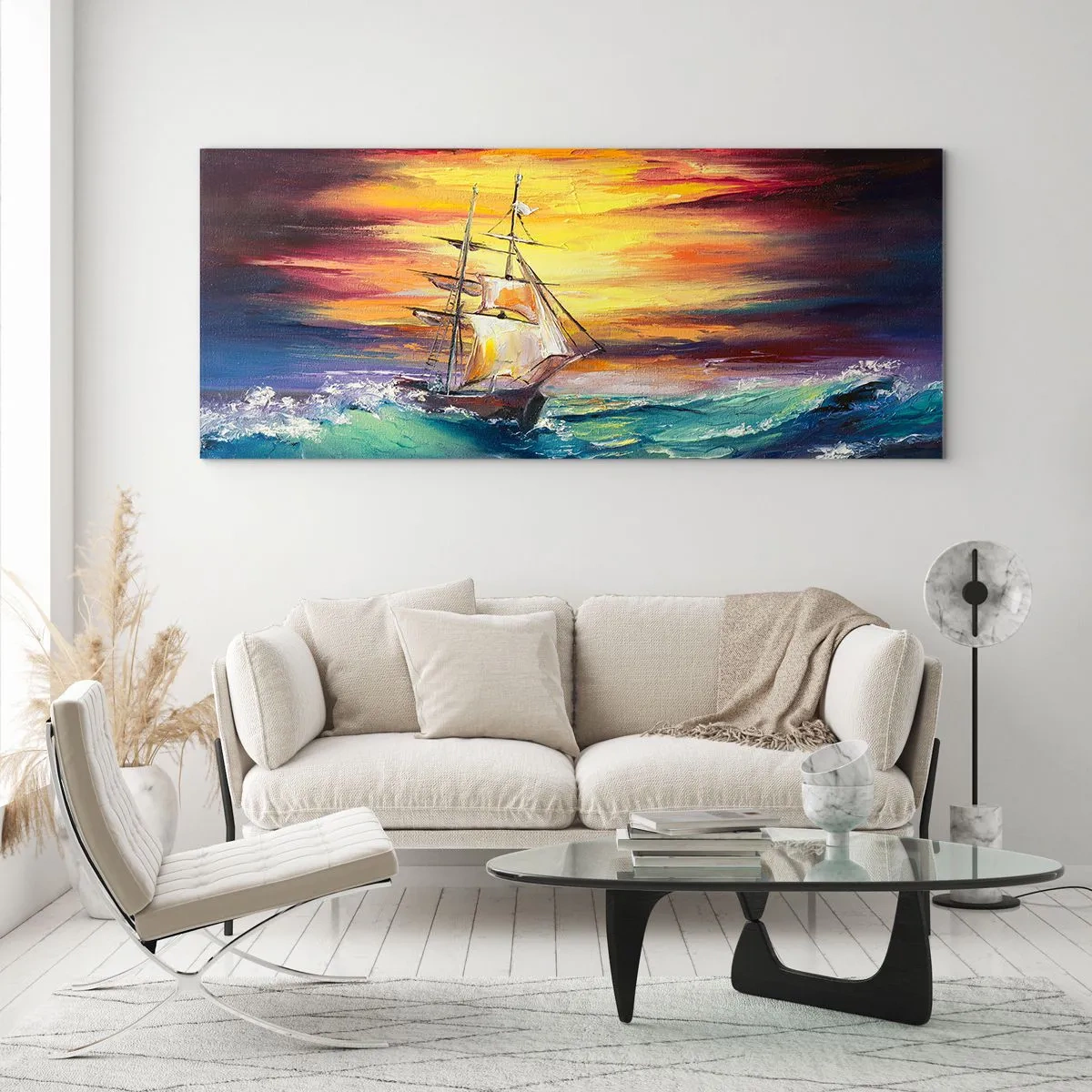 Impression sur verre - Image sur verre - Un voilier sur fond de coucher de soleil coloré - 160x50cm - Courageusement sous les vagues - Décoration murale moderne pour le salon et la chambre ARTTOR