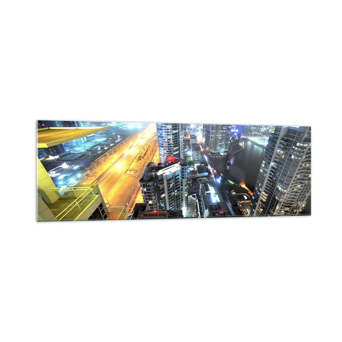 Impression sur verre - Image sur verre - Panorama de la ville nocturne avec des gratte-ciel illuminés - 160x50cm - Un miracle dans le désert - Décoration murale moderne pour le salon et la chambre ARTTOR