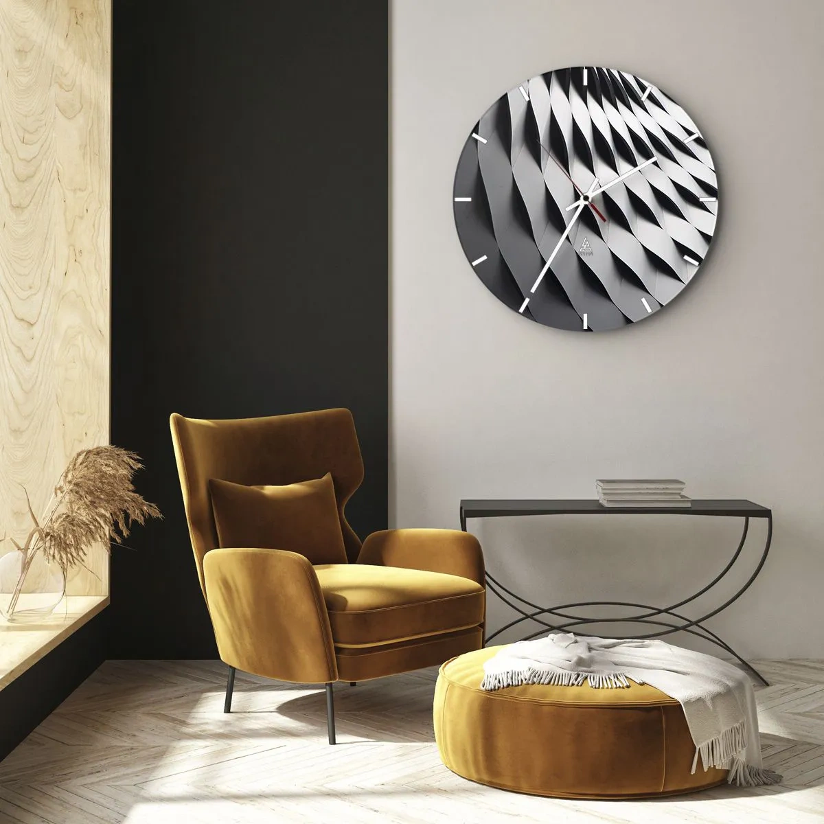 Horloge murale - Pendule murale - Motif de structure architecturale ondulée noir et blanc - 30x30cm - A la surface des vagues - Décoration murale moderne pour le salon, la cuisine et la chambre ARTTOR