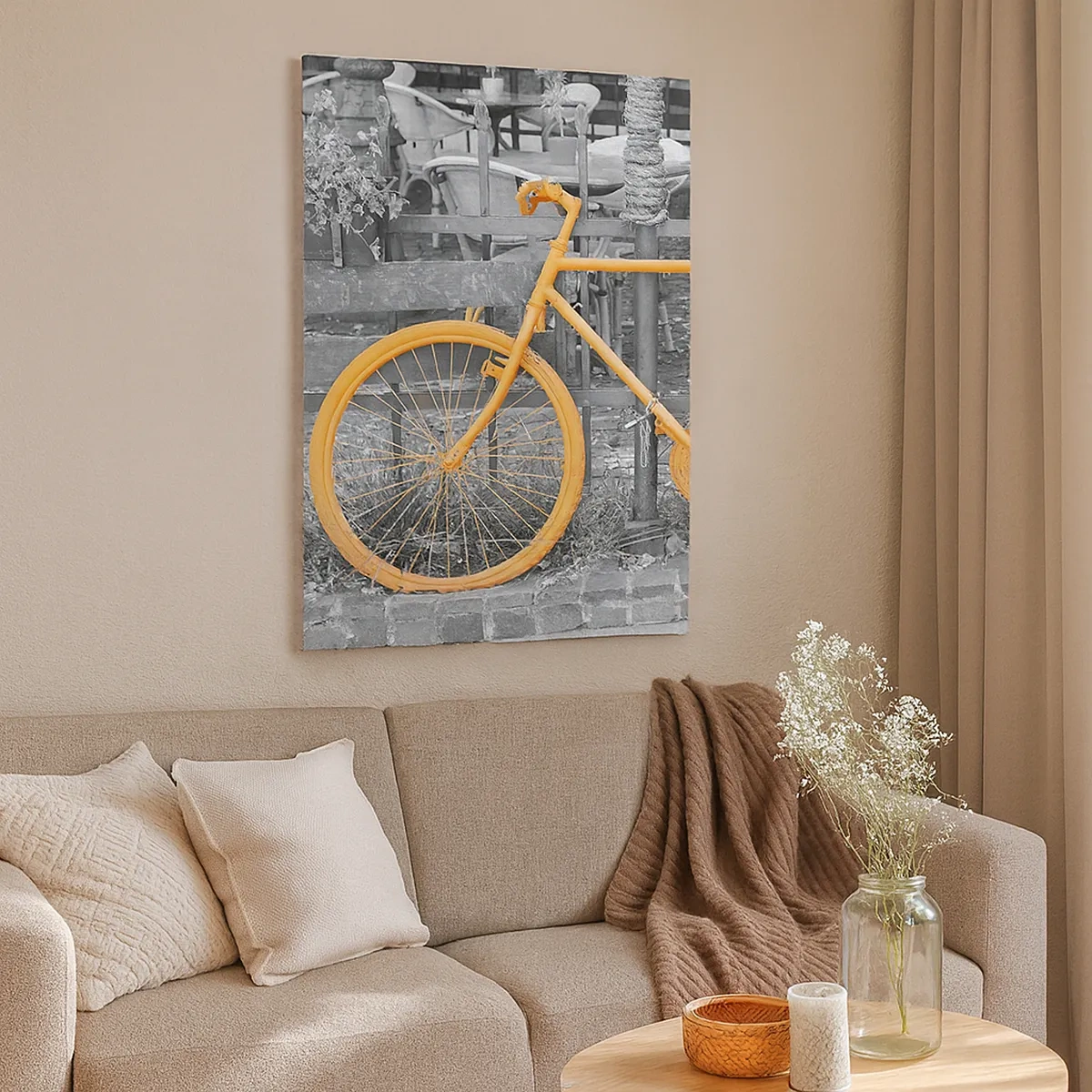 Impression sur toile - Image sur toile - Photographie artistique d'un vélo jaune sur fond noir et blanc - 50x70cm - Allez, je vais attendre ici - Décoration murale moderne pour le salon et la chambre ARTTOR