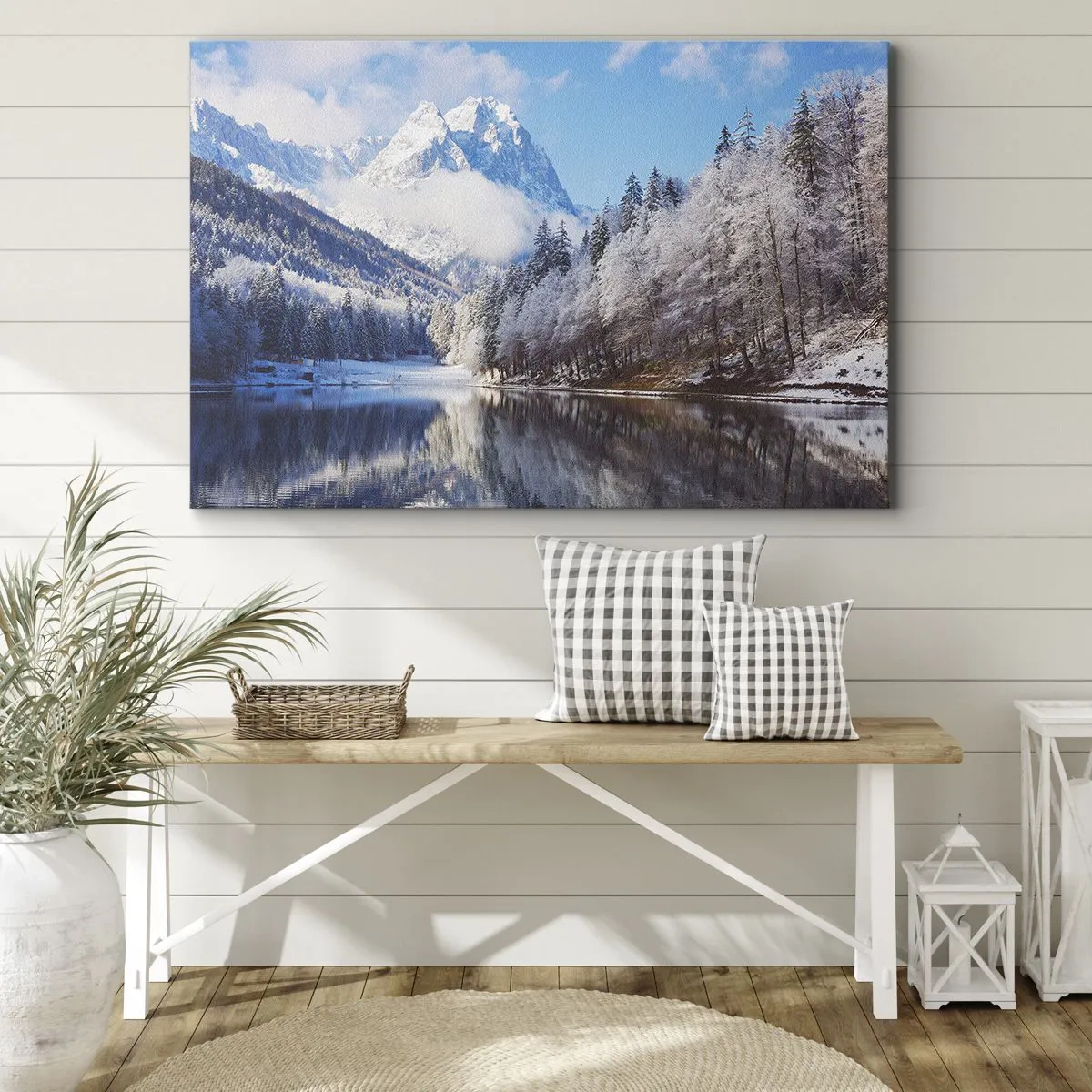 Impression sur toile - Image sur toile - Paysage de montagne hivernal avec des arbres enneigés et un lac - 120x80cm - Protecteur de la neige - Décoration murale moderne pour le salon et la chambre ARTTOR