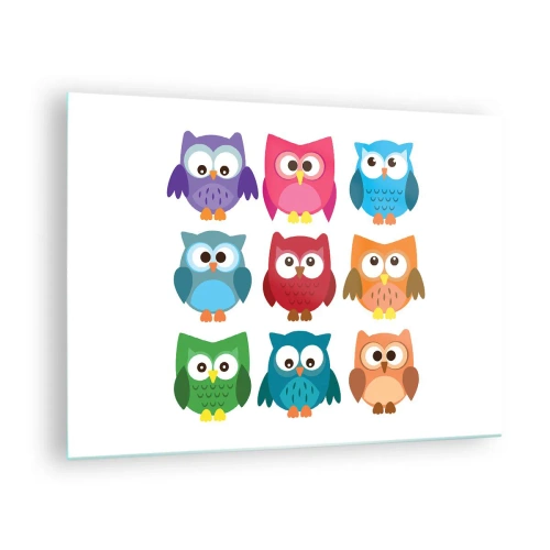 Impression sur verre - Image sur verre - Hiboux colorés dans un style dessin animé sur fond blanc - 70x50cm - C'est amusant d'être différent - Décoration murale moderne pour le salon et la chambre ARTTOR