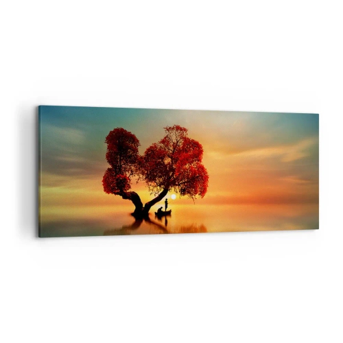 Impression sur toile - Image sur toile - Un arbre à feuilles rouges et un bateau sur l'eau au coucher du soleil - 120x50cm - Plénitude et éloignement sans monde - Décoration murale moderne pour le salon et la chambre ARTTOR
