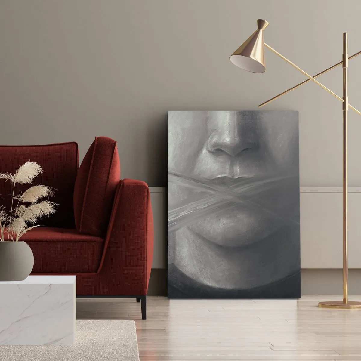Impression sur toile - Image sur toile - Un portrait symbolique aux lèvres floues dans des tons gris. - 70x100cm - Sans mot - Décoration murale moderne pour le salon et la chambre ARTTOR