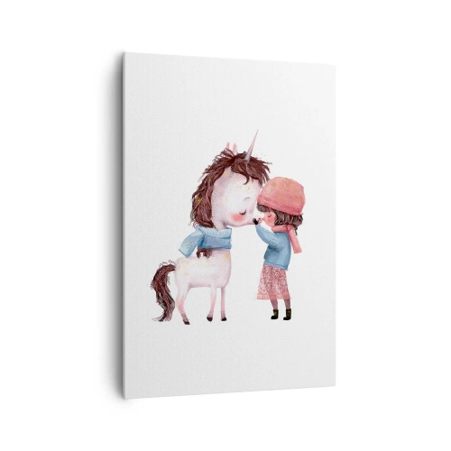 Impression sur toile - Image sur toile - Une fille et une licorne dans un paysage hivernal - 70x100cm - Histoire d'hiver - Décoration murale moderne pour le salon et la chambre ARTTOR