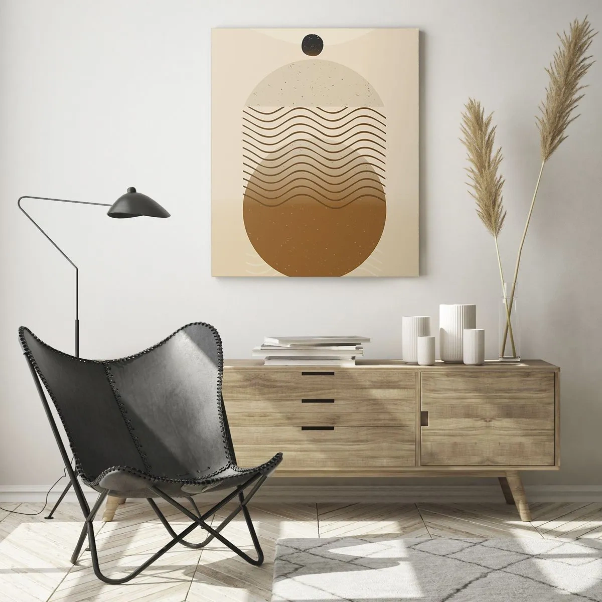 Impression sur verre - Image sur verre - Composition géométrique avec des vagues et des cercles dans des couleurs beiges - 50x70cm - Sur l'origine des figures géométriques - Décoration murale moderne pour le salon et la chambre ARTTOR