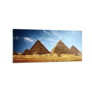Impression sur verre - Image sur verre - Les pyramides de Gizeh contre un ciel bleu et un paysage désertique - 120x50cm - 40 siècles vous regardent - Décoration murale moderne pour le salon et la chambre ARTTOR