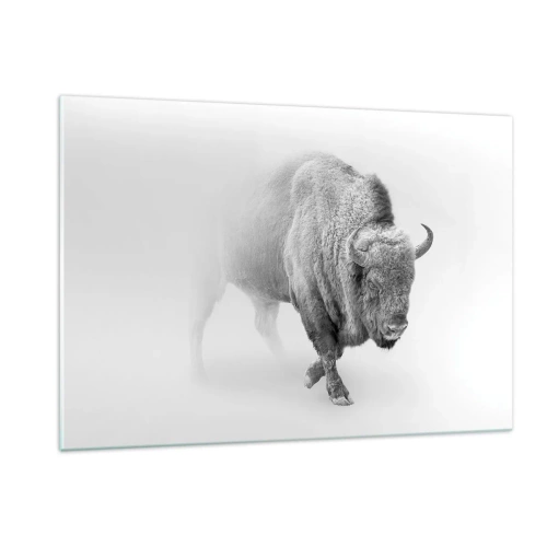 Impression sur verre - Image sur verre - Illustration en noir et blanc d'un bison majestueux - 120x80cm - Roi de la prairie - Décoration murale moderne pour le salon et la chambre ARTTOR