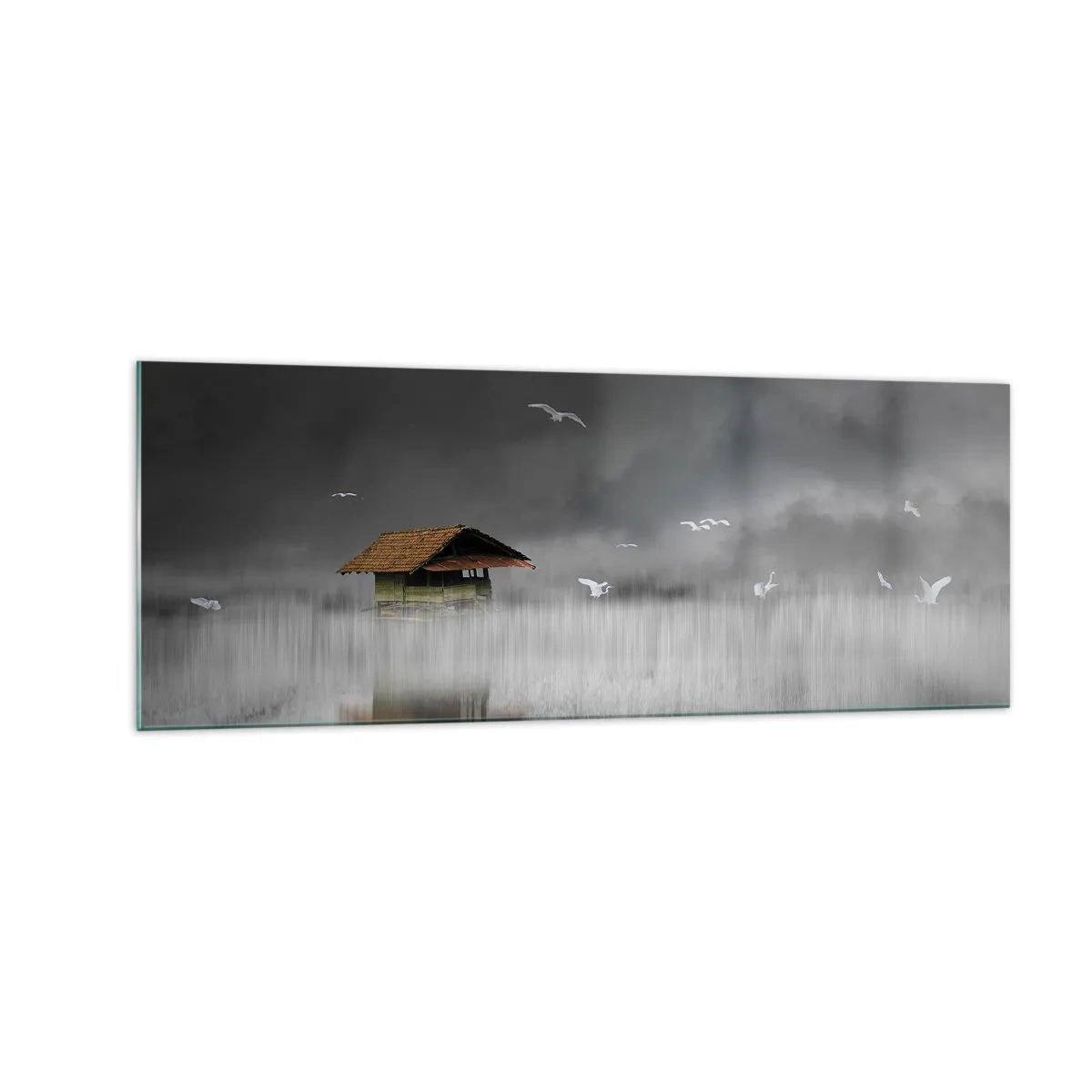 Impression sur verre - Image sur verre - Un chalet solitaire sur l'eau entouré de brouillard et d'oiseaux - 140x50cm - A l'abri de la pluie - Décoration murale moderne pour le salon et la chambre ARTTOR