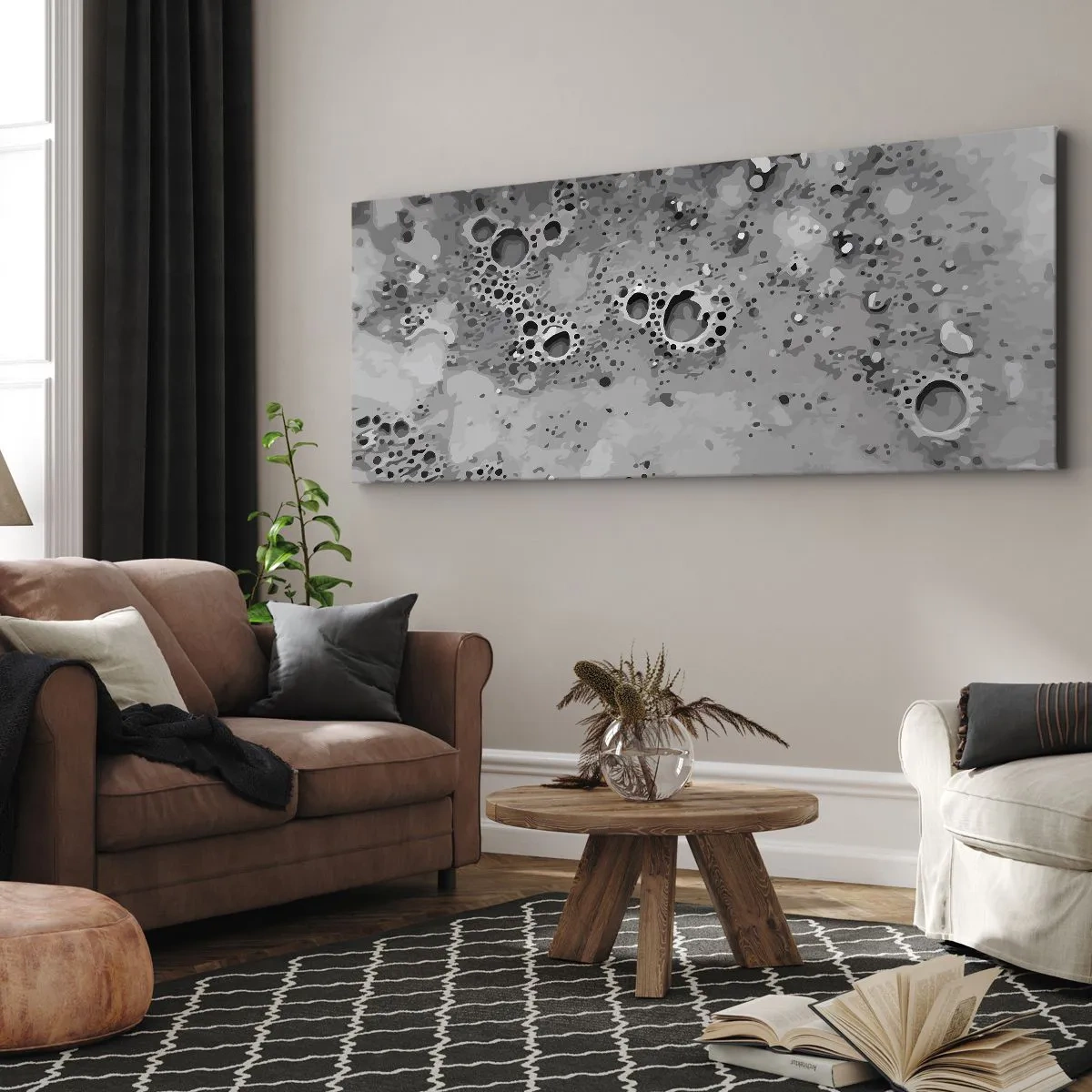 Impression sur toile - Image sur toile - Motif de bulles abstrait noir et blanc - 120x50cm - Comme un paysage lunaire - Décoration murale moderne pour le salon et la chambre ARTTOR